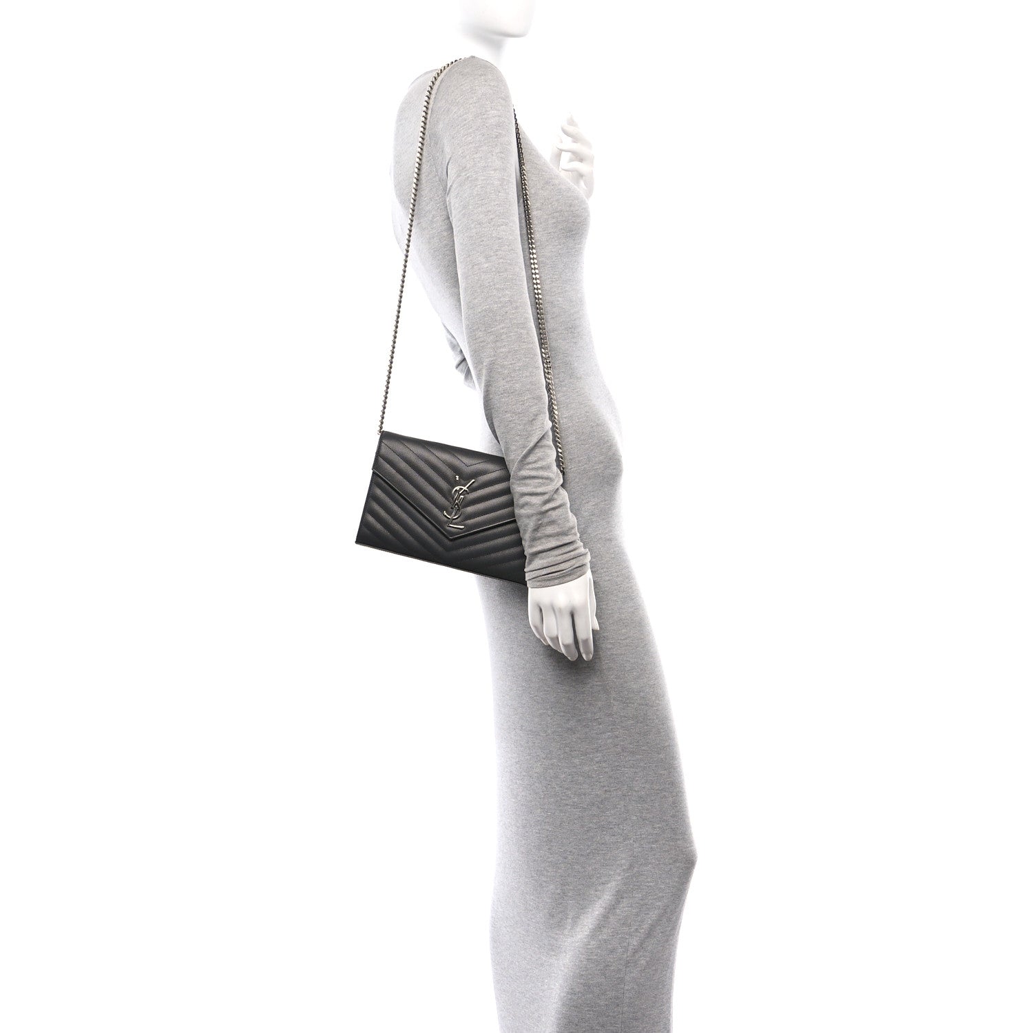 Saint Laurent Grain De Poudre Matelasse Chevron Monogram Chain Wallet Storm 2 of 10