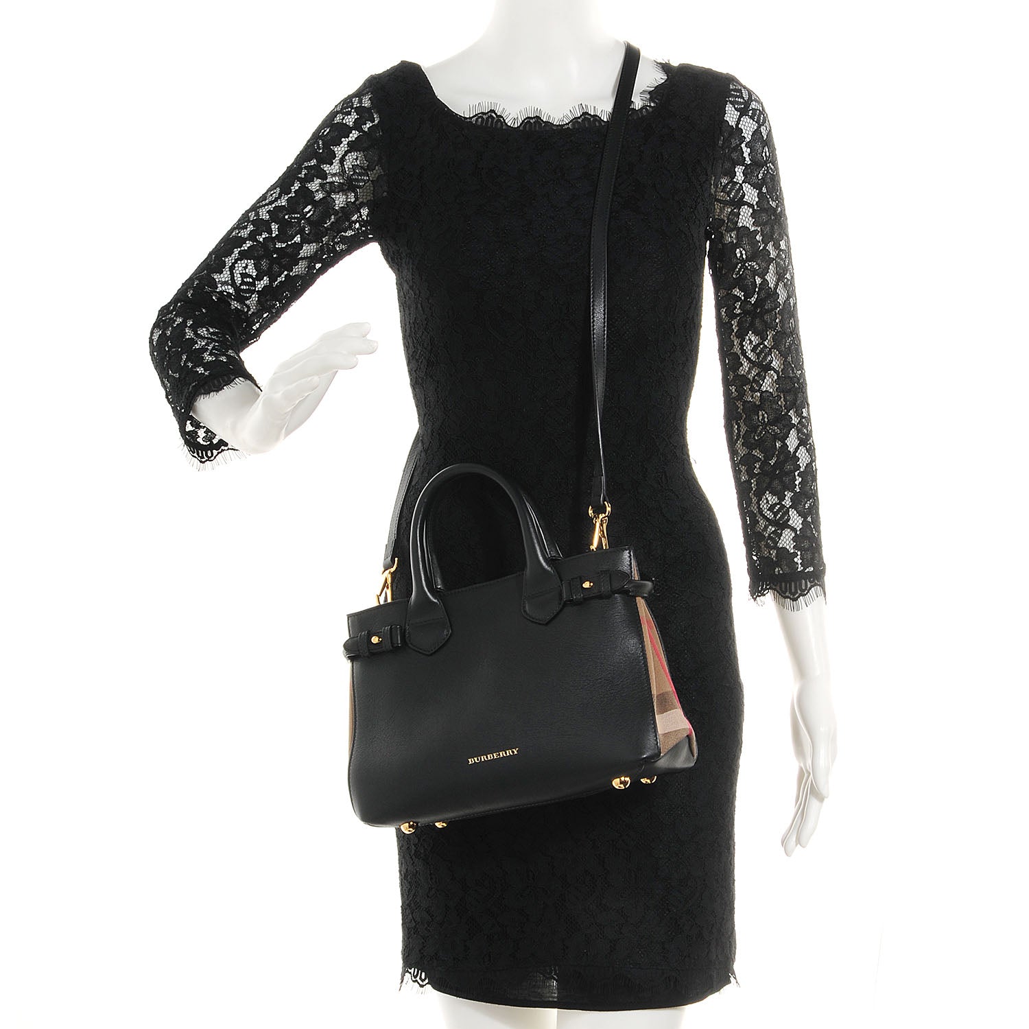 Burberry Calfskin House Check Small Banner Tote Black 2 of 11