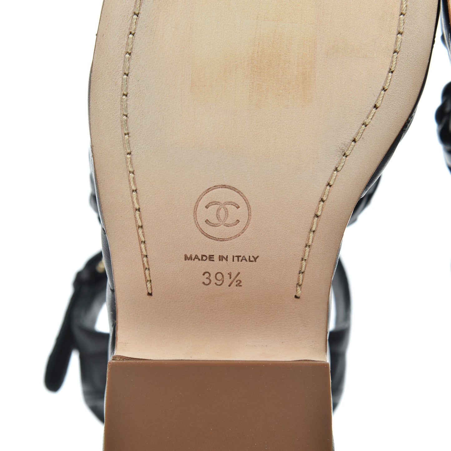 Calfskin Quilted Chain Around Wedge Sandals 39.5 Black