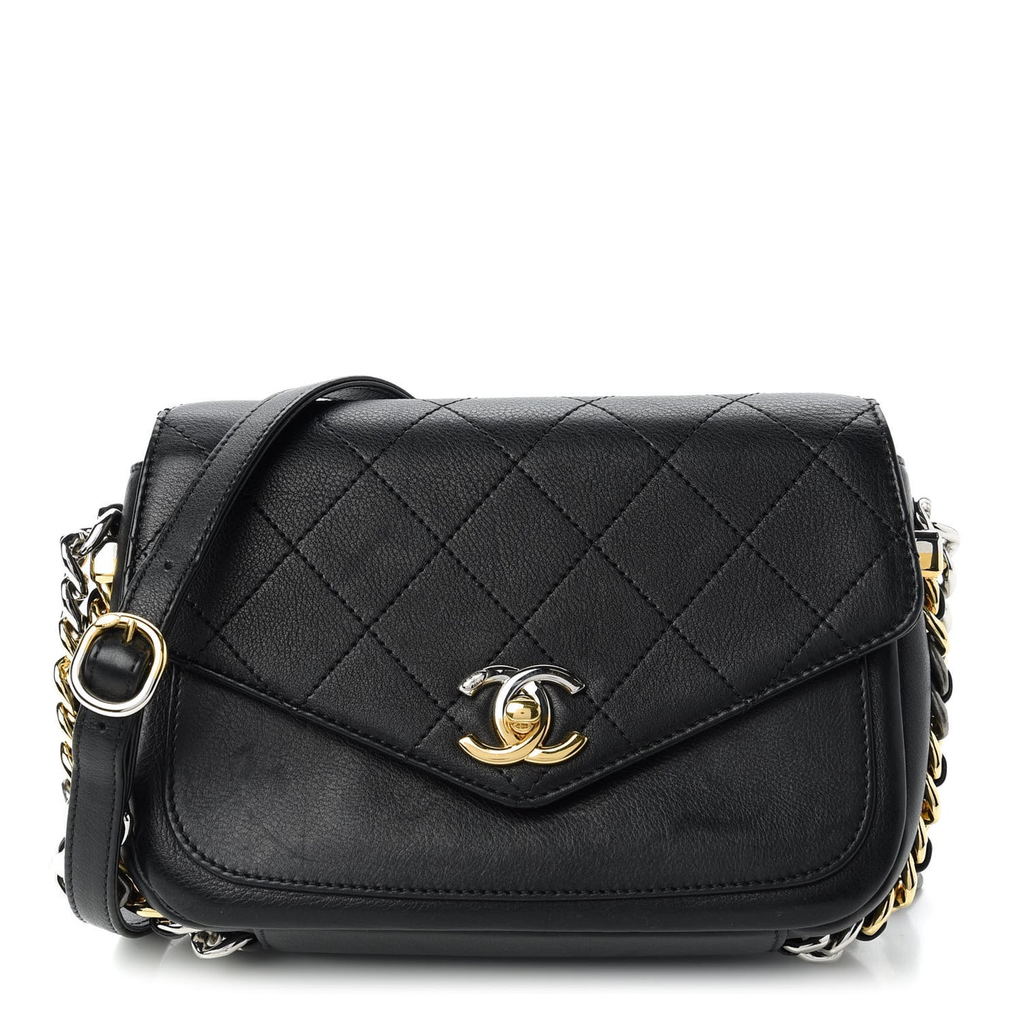 Calfskin Stitched Small Precious Union Flap Bag Black