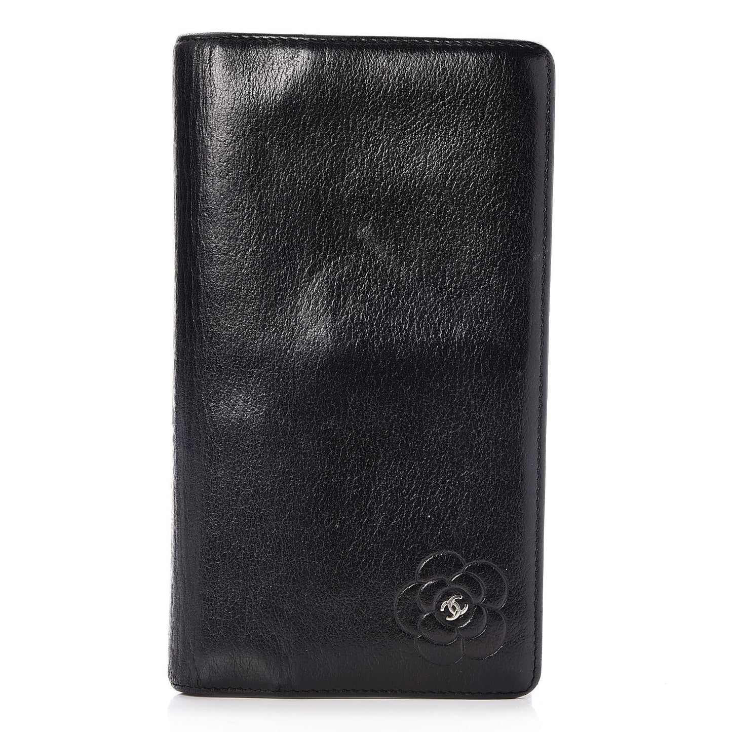 Goatskin Camellia Embossed Yen Wallet Black