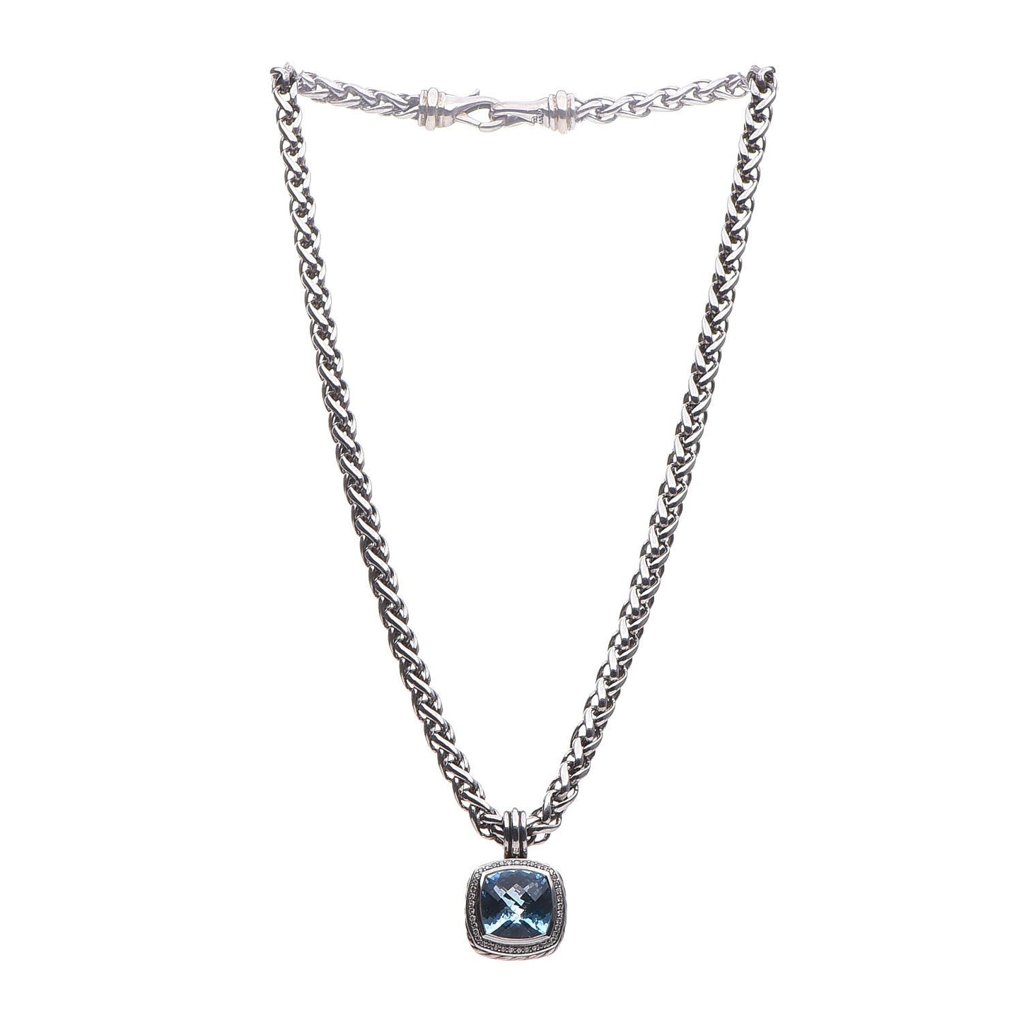 Sterling Silver Diamond Blue Topaz 14mm Albion Enhancer Pendant Wheat Chain Necklace