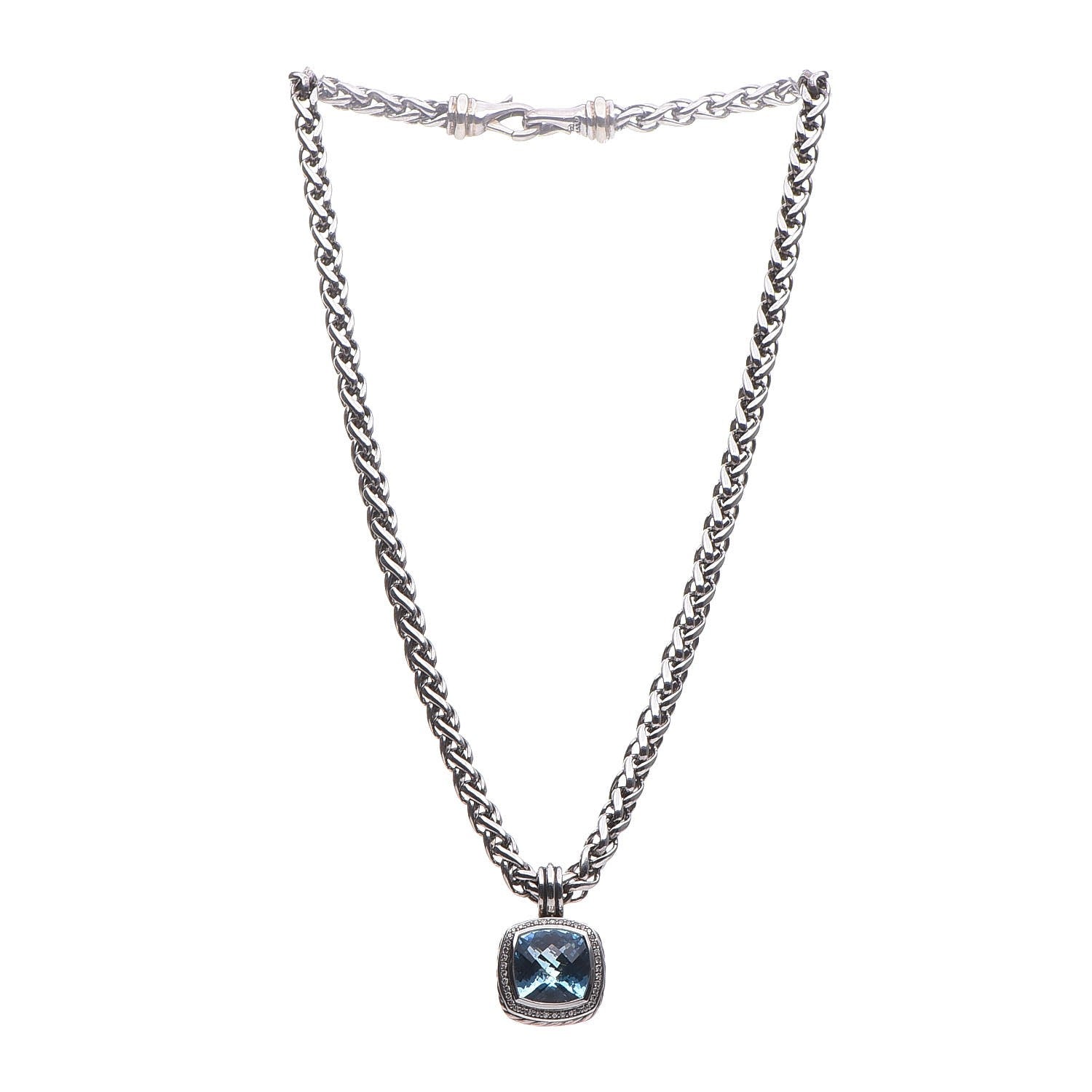 David Yurman Sterling Silver Diamond Blue Topaz 14mm Albion Enhancer Pendant Wheat Chain Necklace 3 of 6