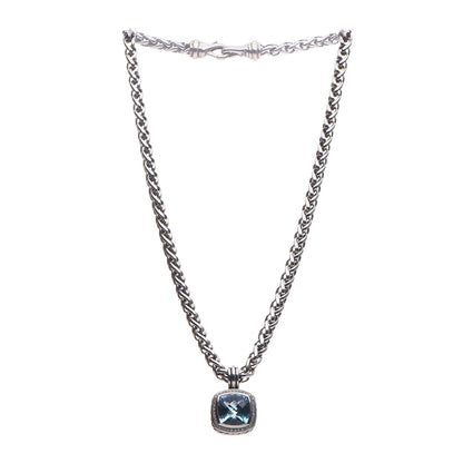 David Yurman Sterling Silver Diamond Blue Topaz 14mm Albion Enhancer Pendant Wheat Chain Necklace 3 of 6