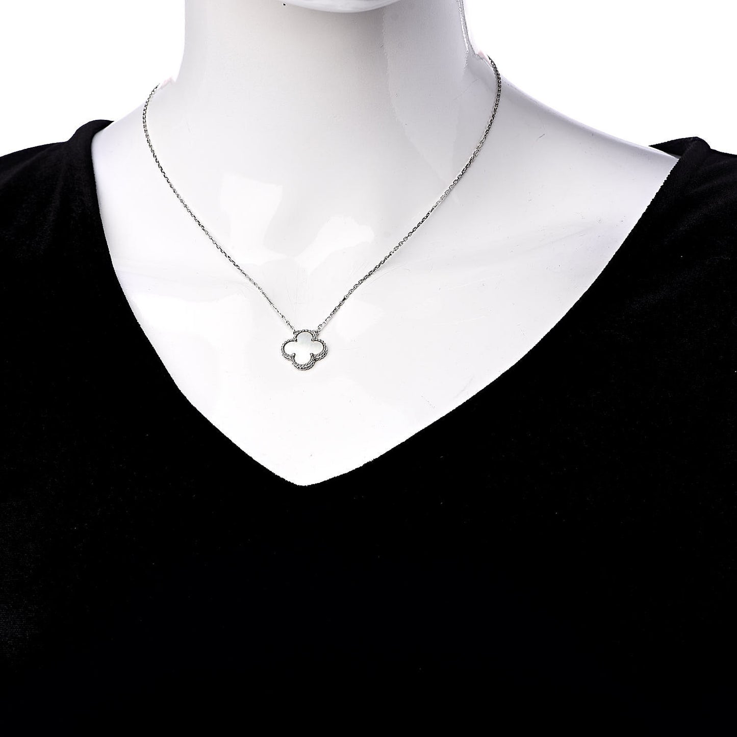 18K White Gold Mother of Pearl Vintage Alhambra Pendant Necklace