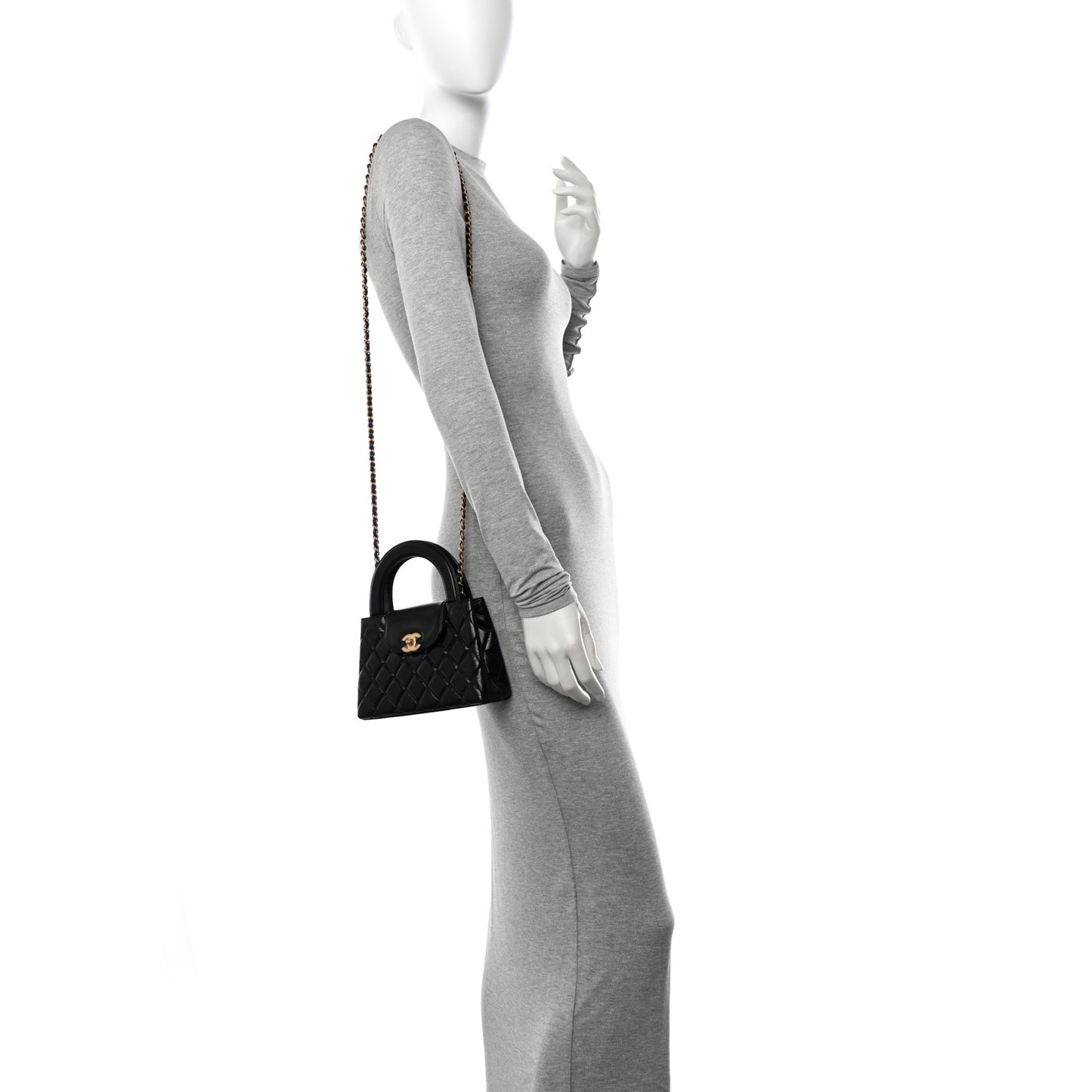 Shiny Aged Calfskin Quilted Nano Kelly Shopper Black