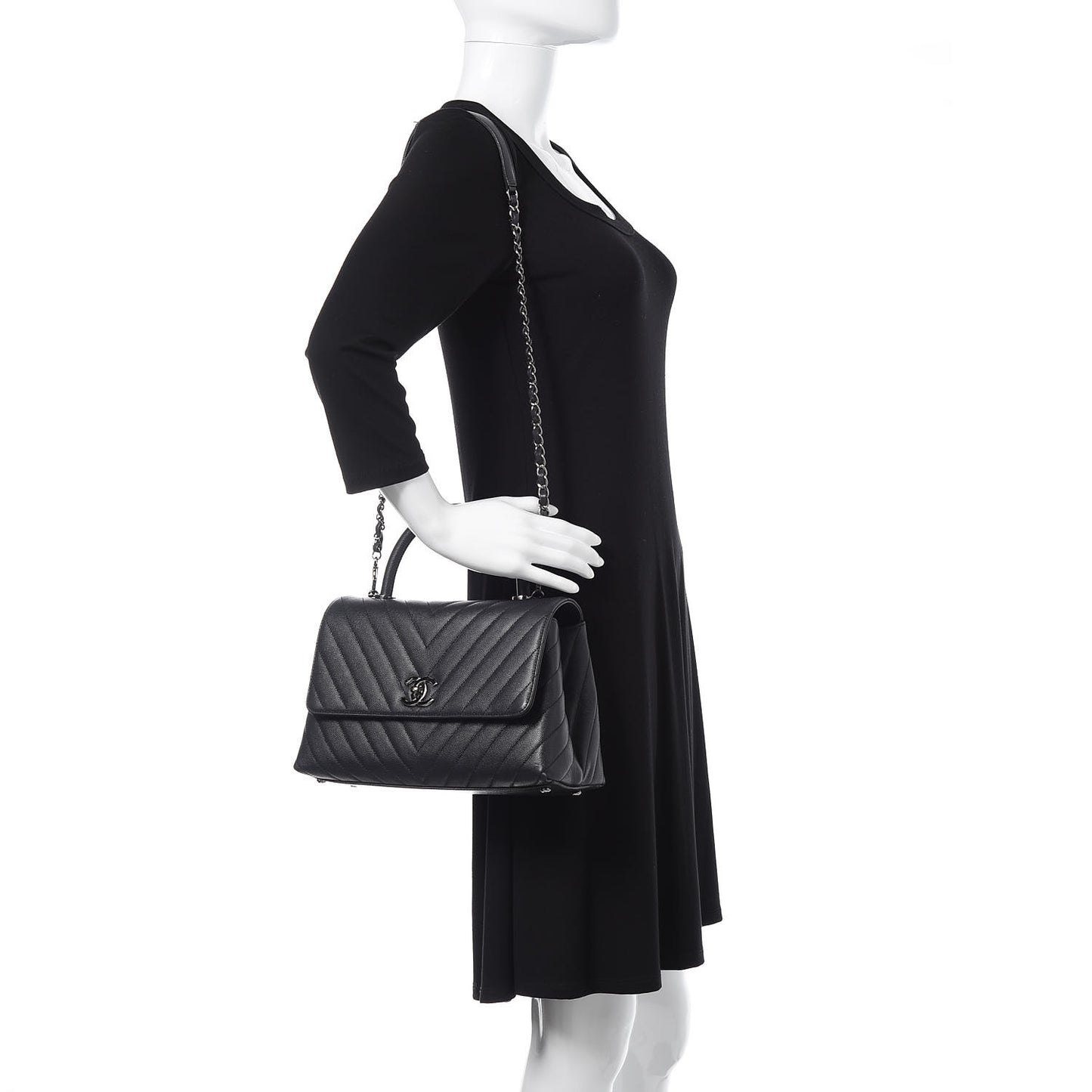 Caviar Chevron Quilted Small Coco Handle Flap Dark Grey