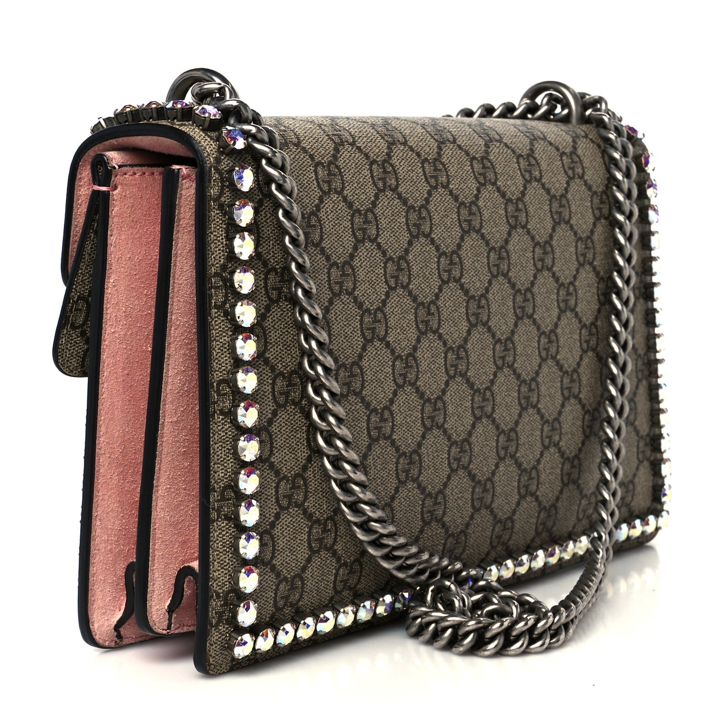 GG Supreme Monogram Suede Crystal Small Dionysus Shoulder Bag Beige Ebony Light Peonia