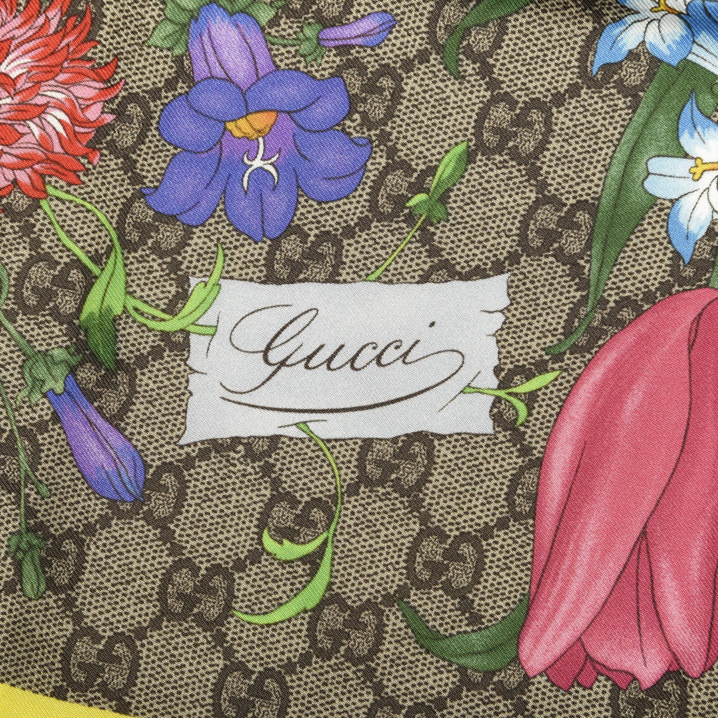 Silk Twill GG Monogram Flora Fluo GG Square Scarf Beige Yellow