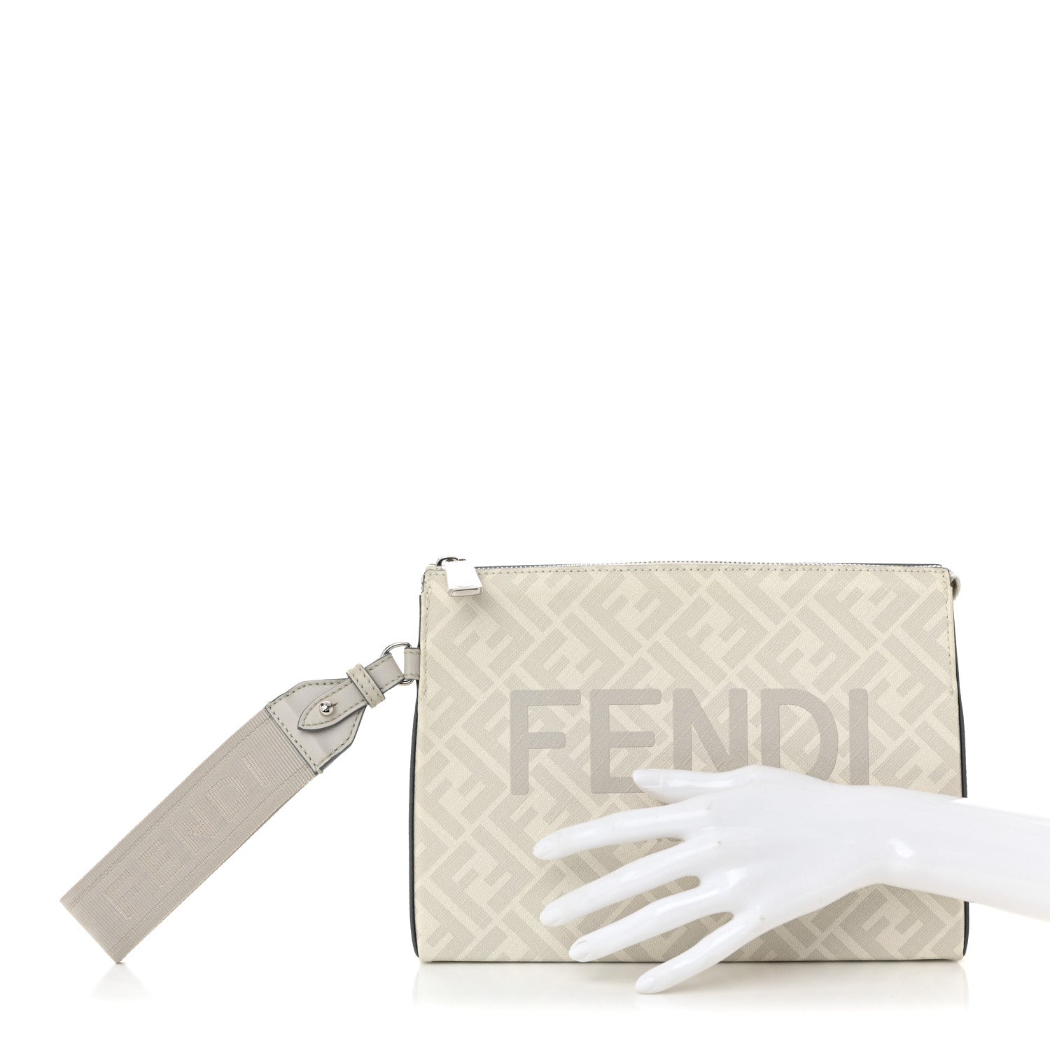 Fendi Shiny Glazed Fabric Vitello Cover FF 1974 Logo Clutch Pearl Gravel 2 of 11
