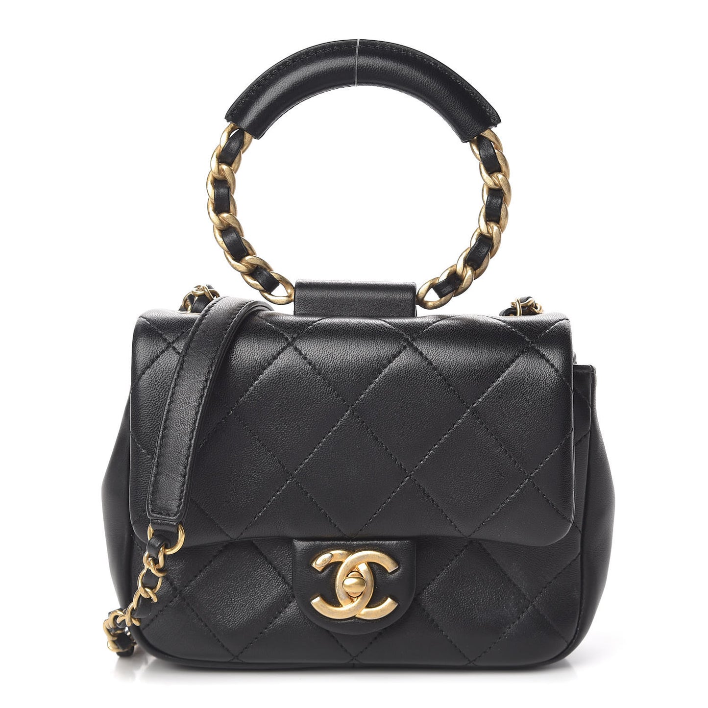 Lambskin Quilted Small Circular Handle Bag Black