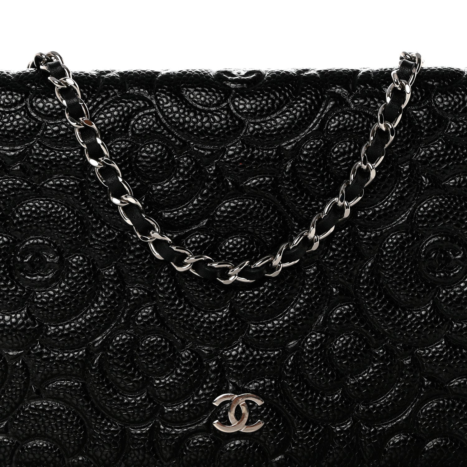 Chanel Caviar Camellia Embossed Wallet On Chain WOC Black 10 of 12