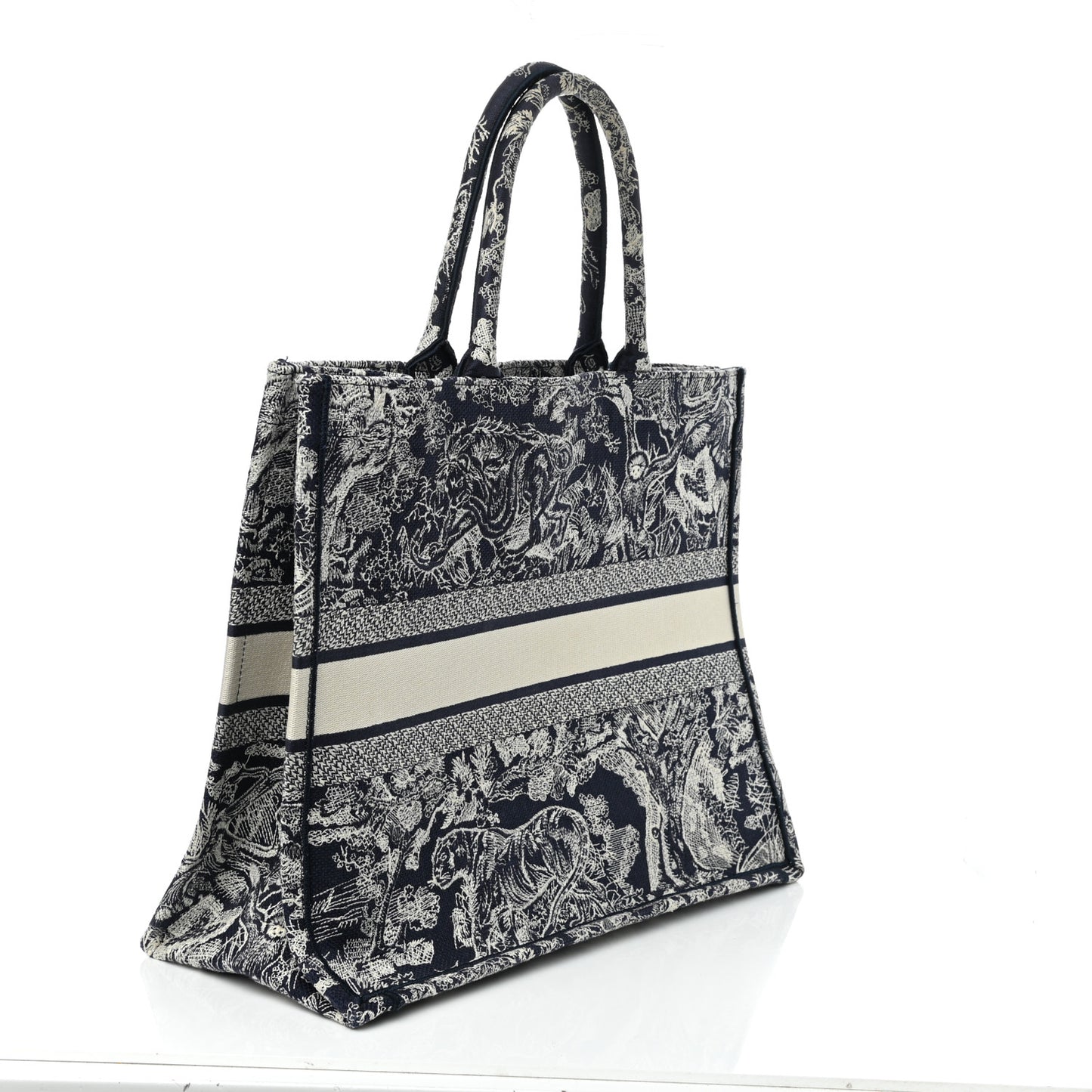 Canvas Embroidered Large Toile De Jouy Reverse Book Tote Blue