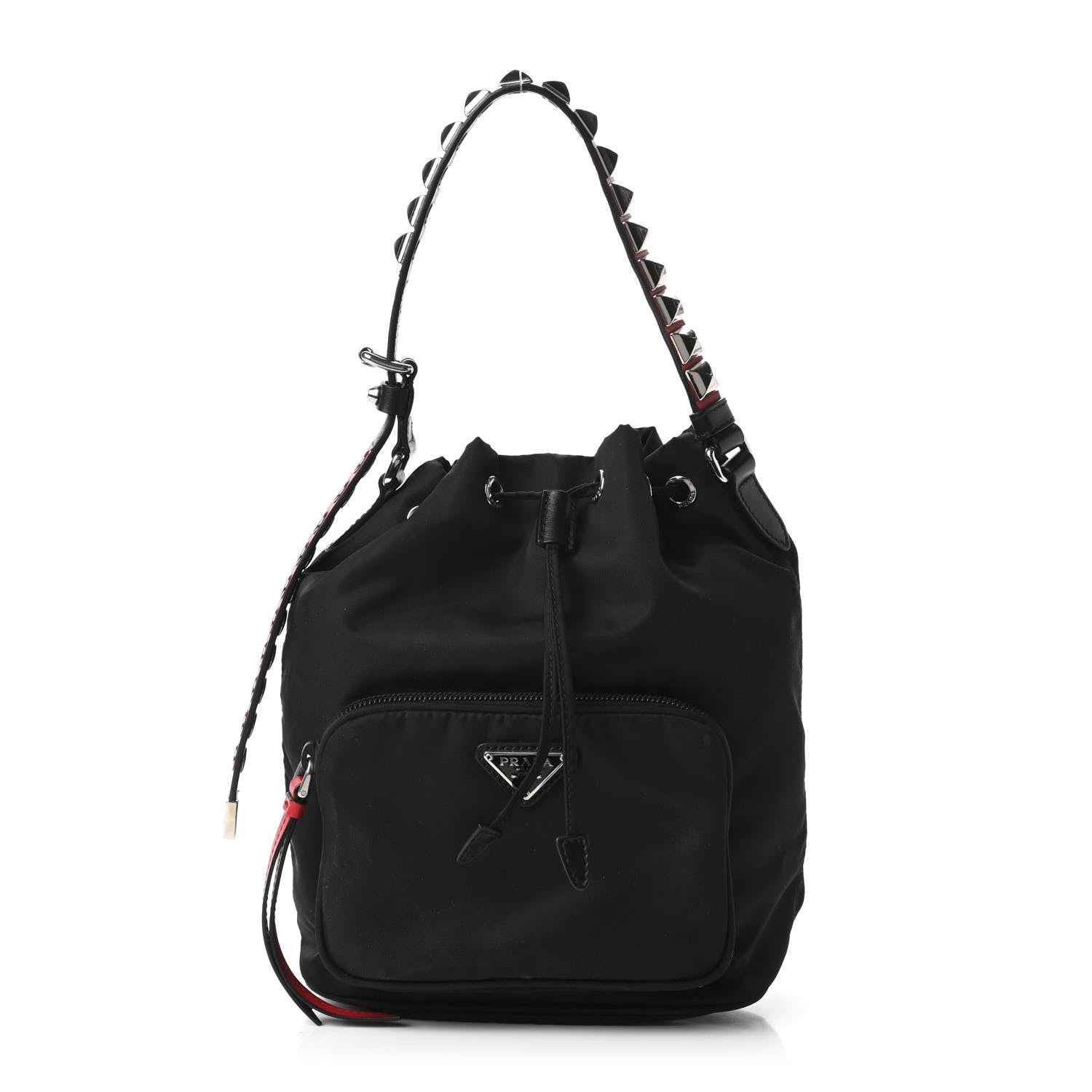Prada Tessuto Nylon Studded New Vela Mini Bucket Crossbody Bag Black Fuoco 1 of 9