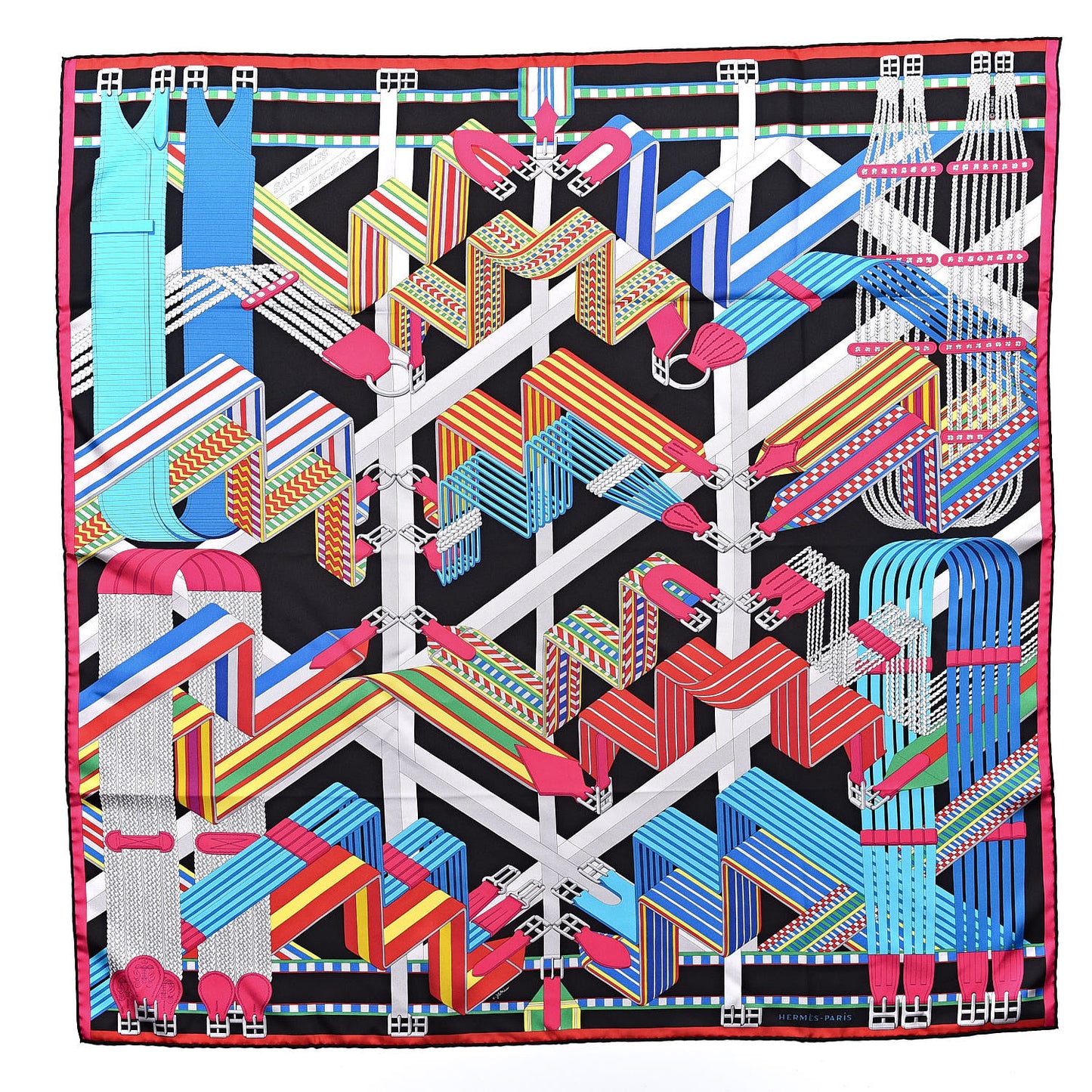 Silk Sangles En Zigzag Scarf 90 Blanc Turquoise Fuchsia