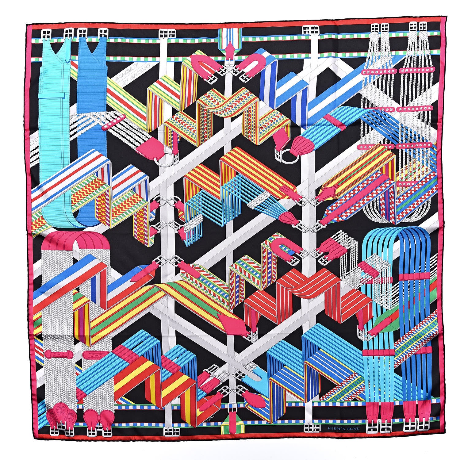Hermes Silk Sangles En Zigzag Scarf 90 Blanc Turquoise Fuchsia 1 of 9