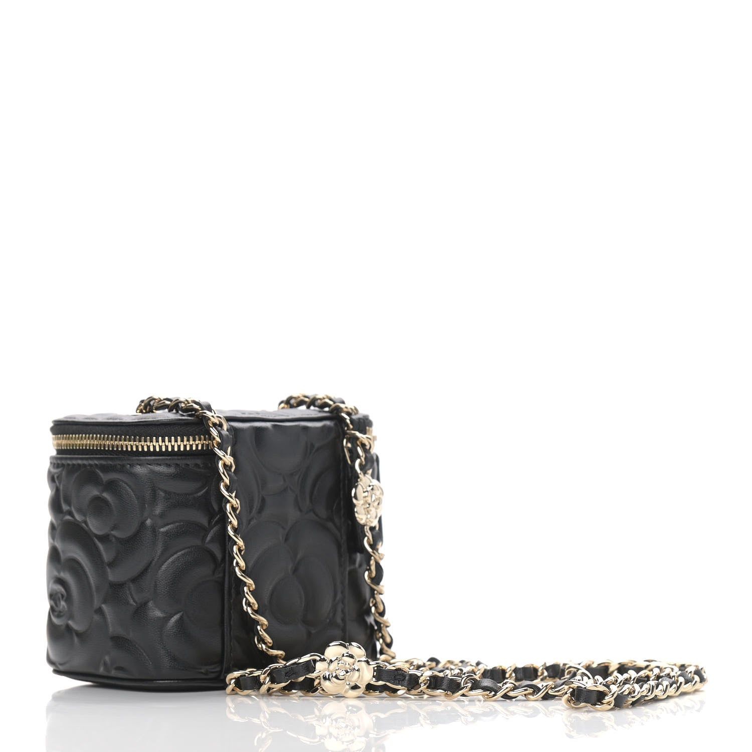 Chanel Lambskin Camellia Embossed Mini Vanity Case With Chain Black 2 of 8