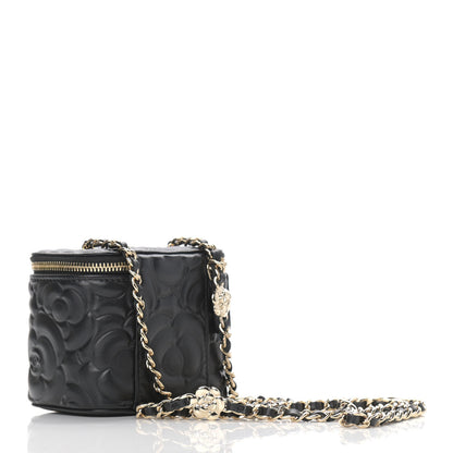 Chanel Lambskin Camellia Embossed Mini Vanity Case With Chain Black 2 of 8
