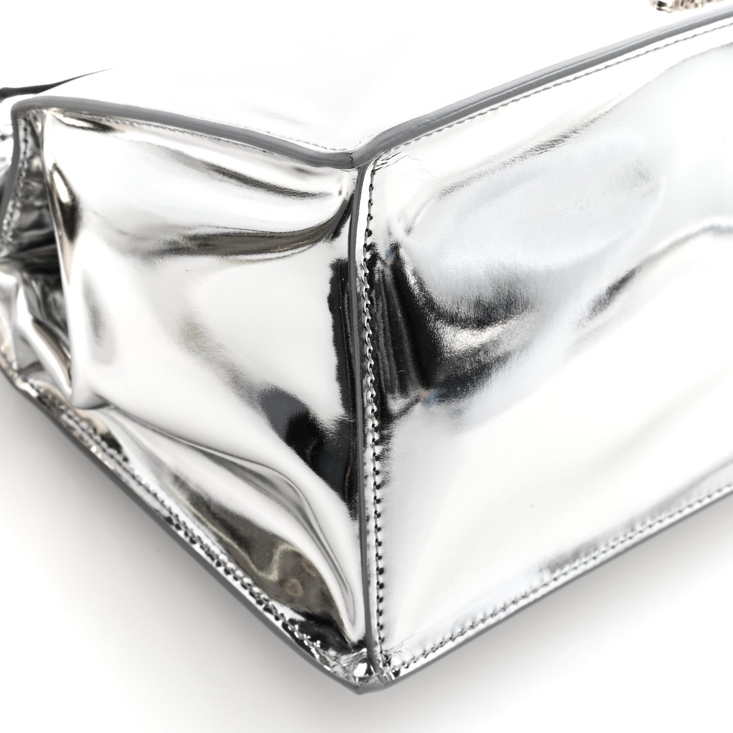 Metallic Patent Calfskin La Pochette Rond Carre Silver