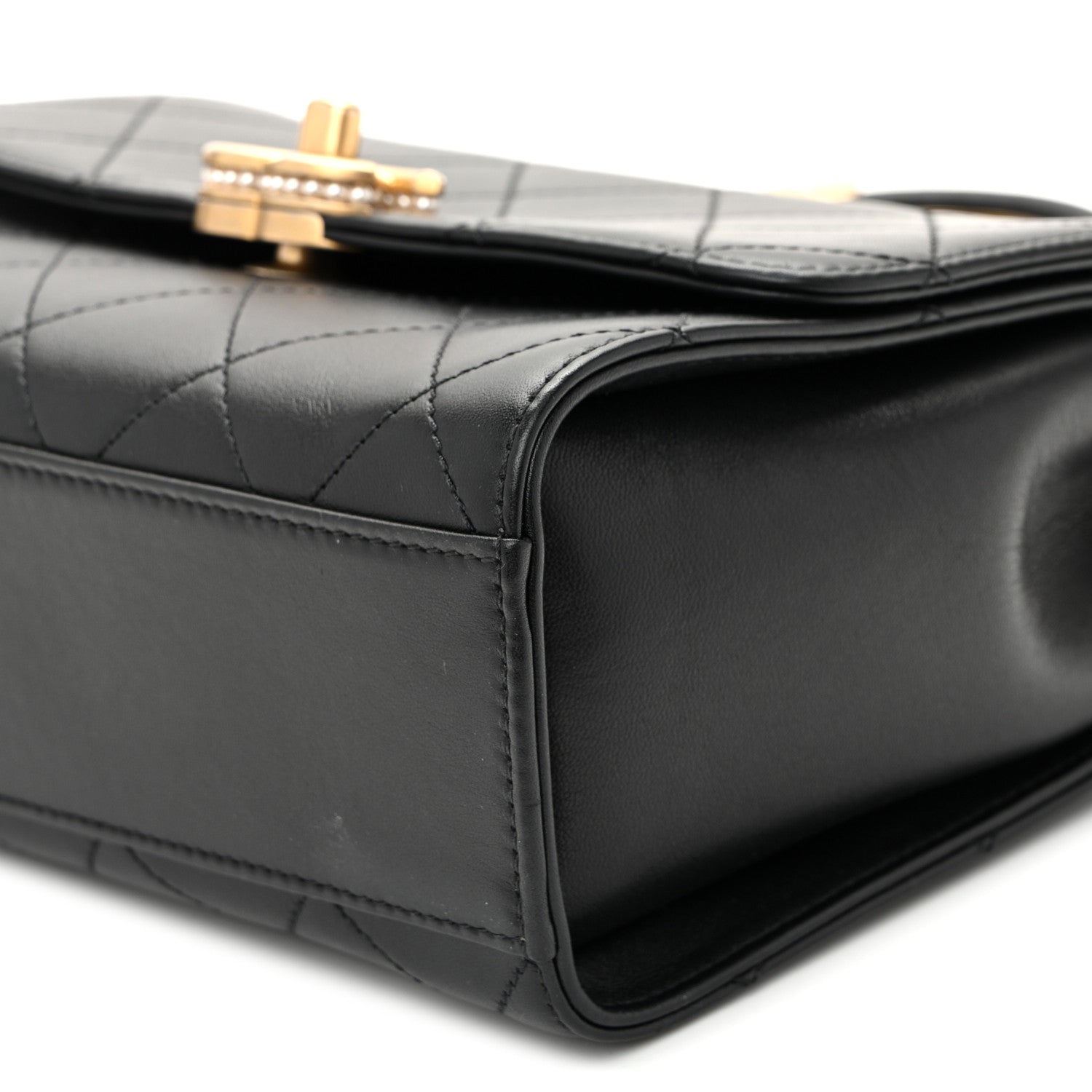 Chanel Lambskin Stitched Pearl Logo Top Handle Flap Black Black 10 of 10