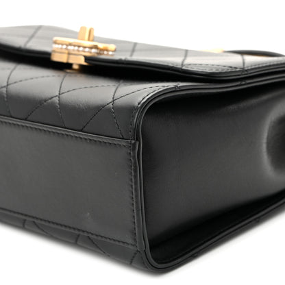 Chanel Lambskin Stitched Pearl Logo Top Handle Flap Black Black 10 of 10