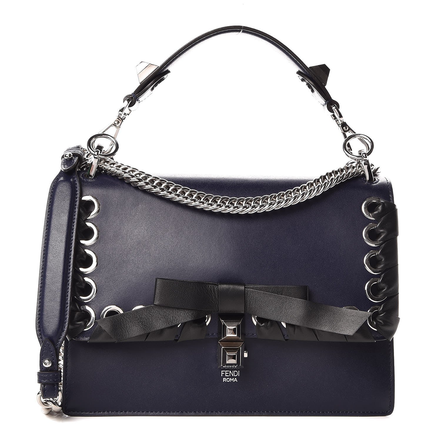 Fendi Vitello Liberty Shiny Nappa Lace Up Bow Kan I Shoulder Bag Blueberry Black 1 of 7