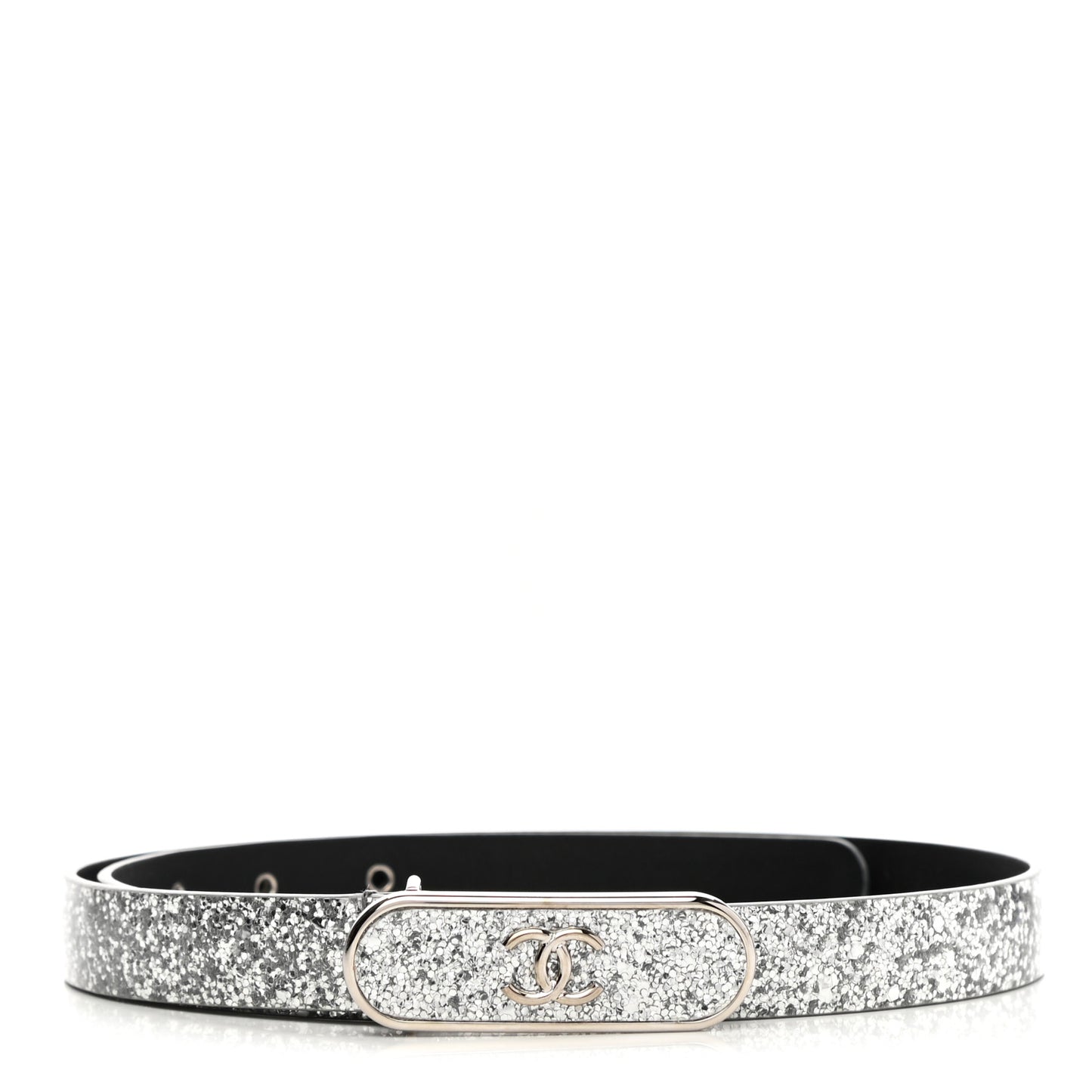 Glitter Calfskin CC Logo Skinny Belt 70 28 Silver