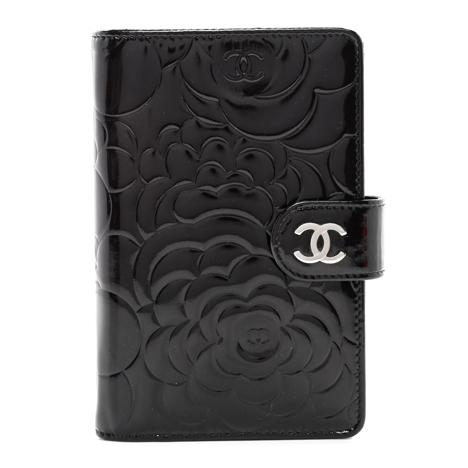 Chanel Patent Camellia Embossed Zipped Pocket Wallet Black 1 of 9