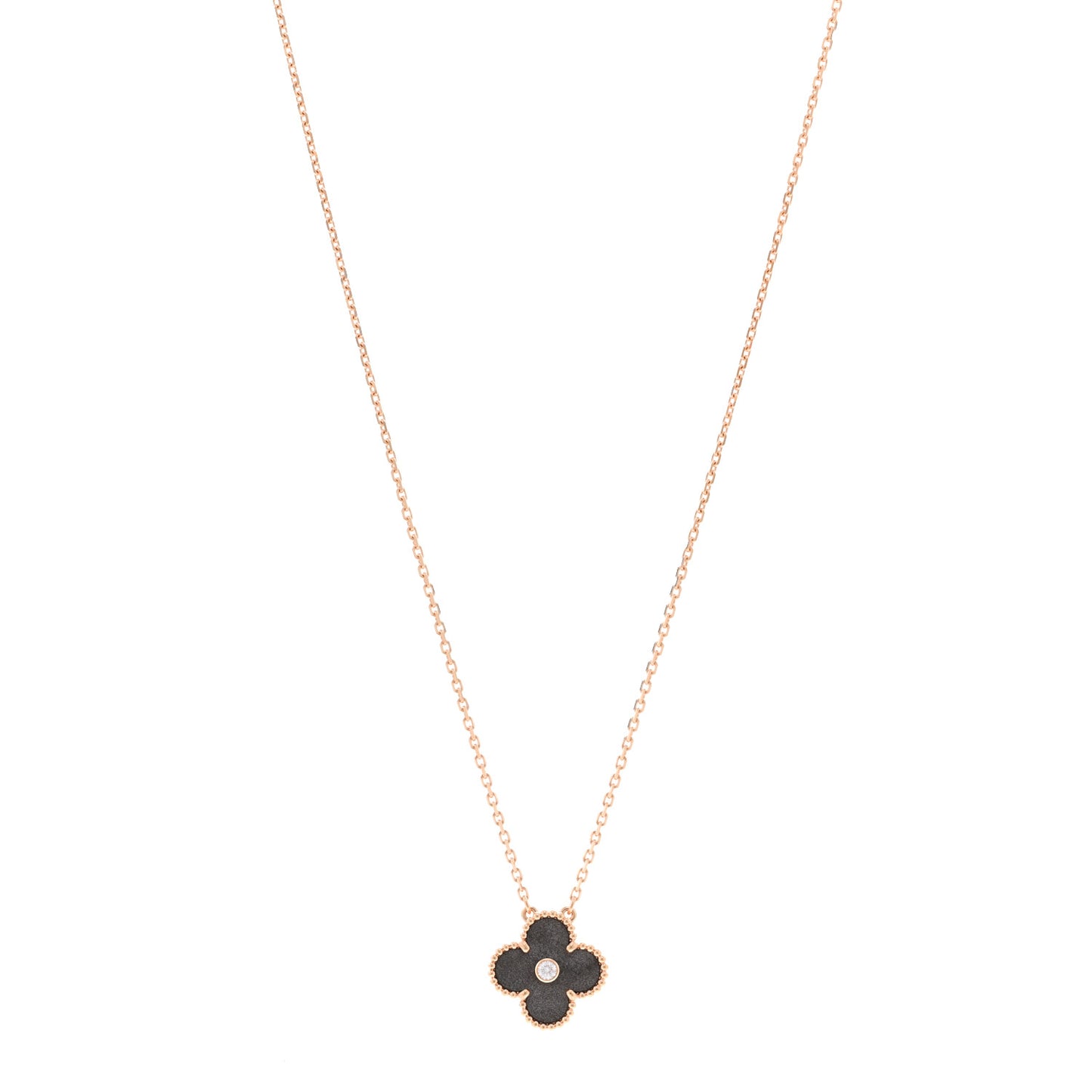 18K Rose Gold Diamond Silver Obsidian Vintage Alhambra Pendant Necklace