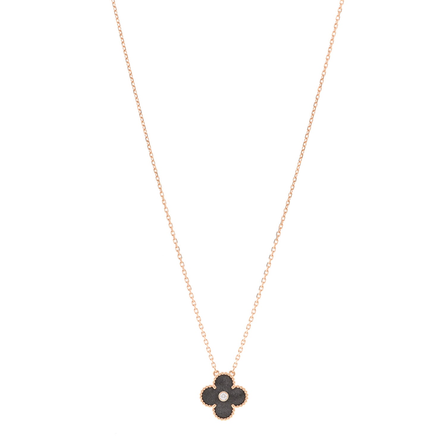 Van Cleef & Arpels 18K Rose Gold Diamond Silver Obsidian Vintage Alhambra Pendant Necklace 1 of 4