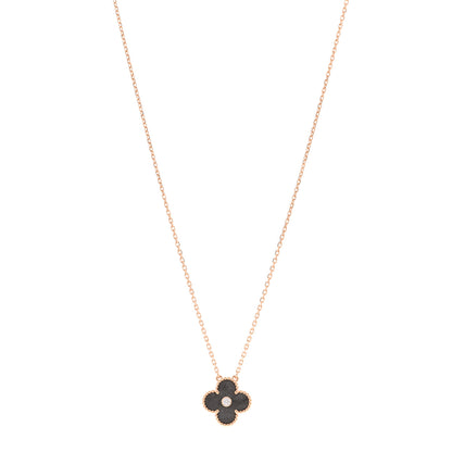 Van Cleef & Arpels 18K Rose Gold Diamond Silver Obsidian Vintage Alhambra Pendant Necklace 1 of 4