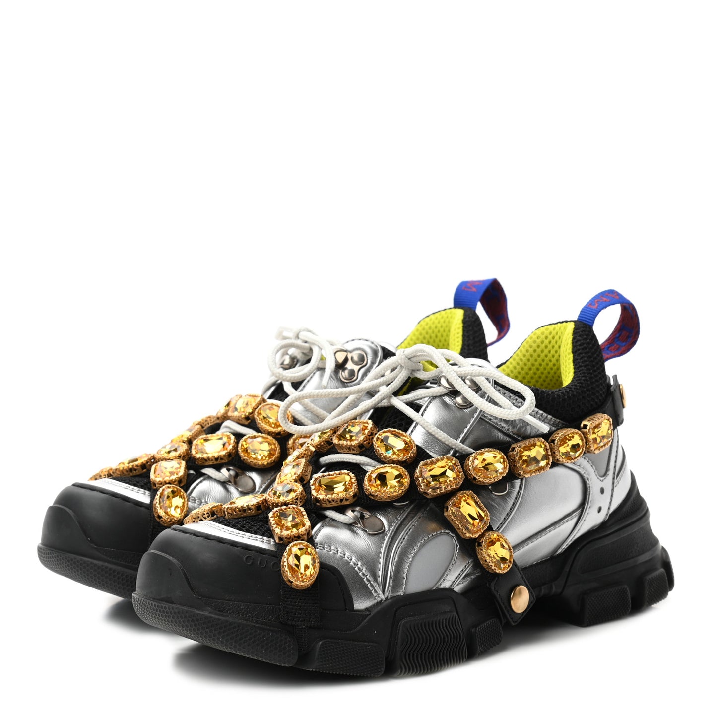 X SEGA Metallic Calfskin Mesh Removable Crystals Womens Flashtrek Sneakers 38 Silver Black
