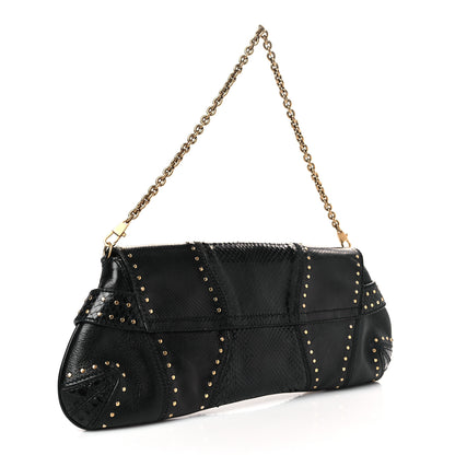 Gucci Snakeskin Studded Horsebit Chain Clutch Black 3 of 9