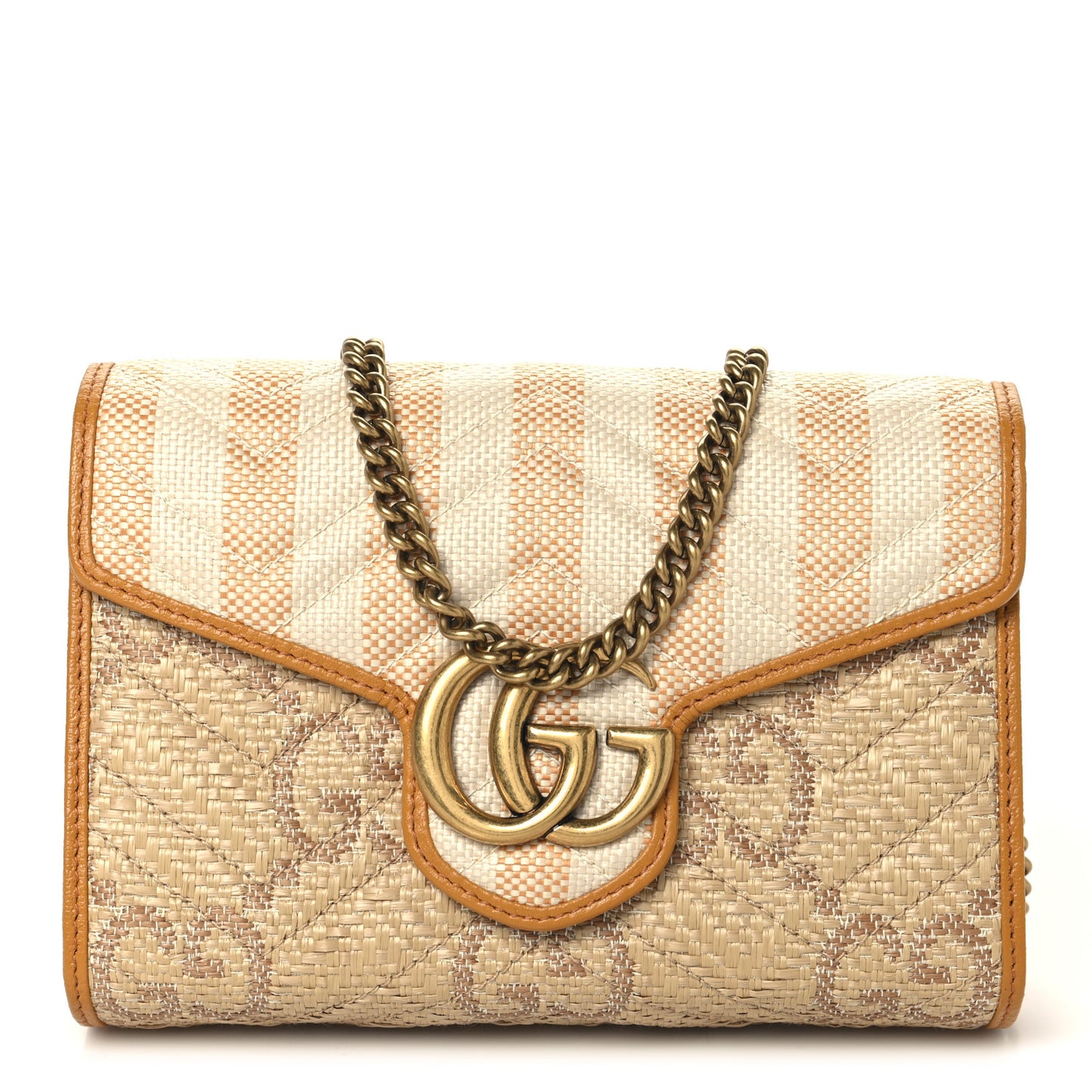 Raffia GG Monogram Matelasse GG Marmont Chain Wallet Natural Beige Off White Sun Oil