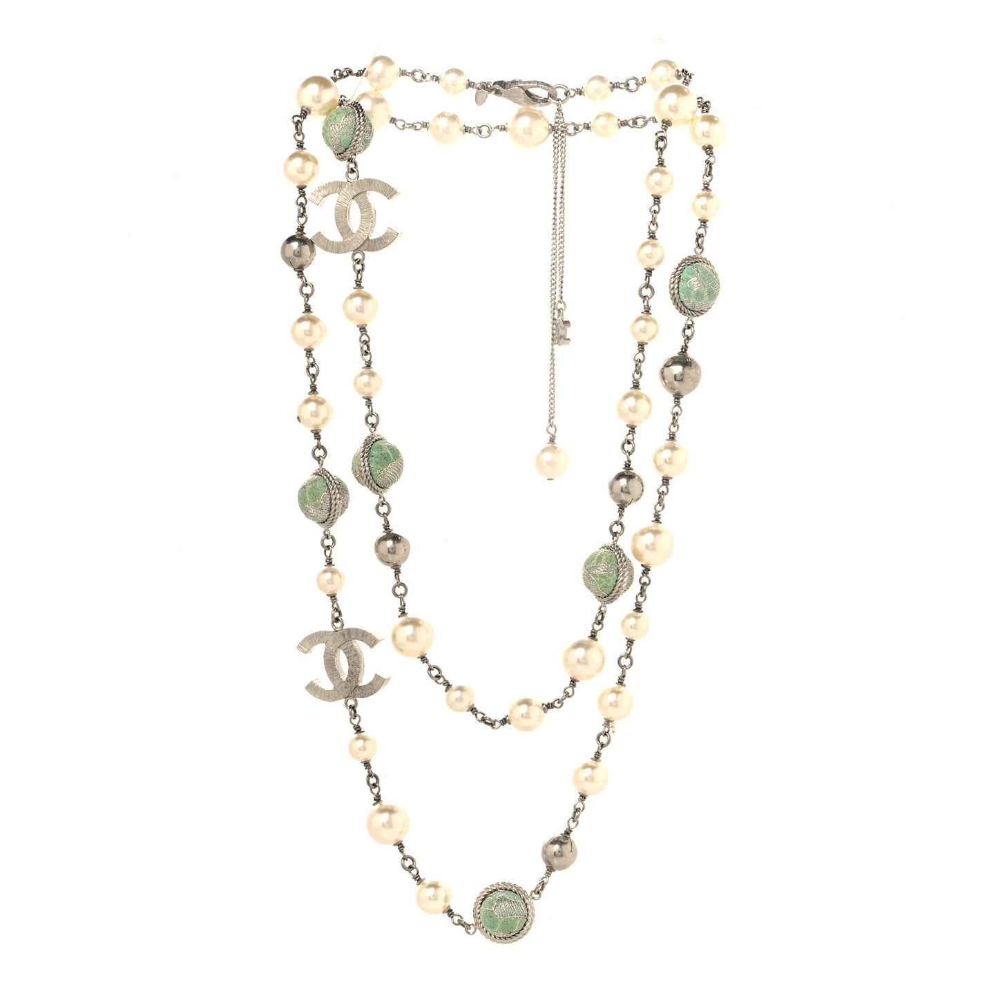 Pearl Beaded CC Long Necklace Silver Green