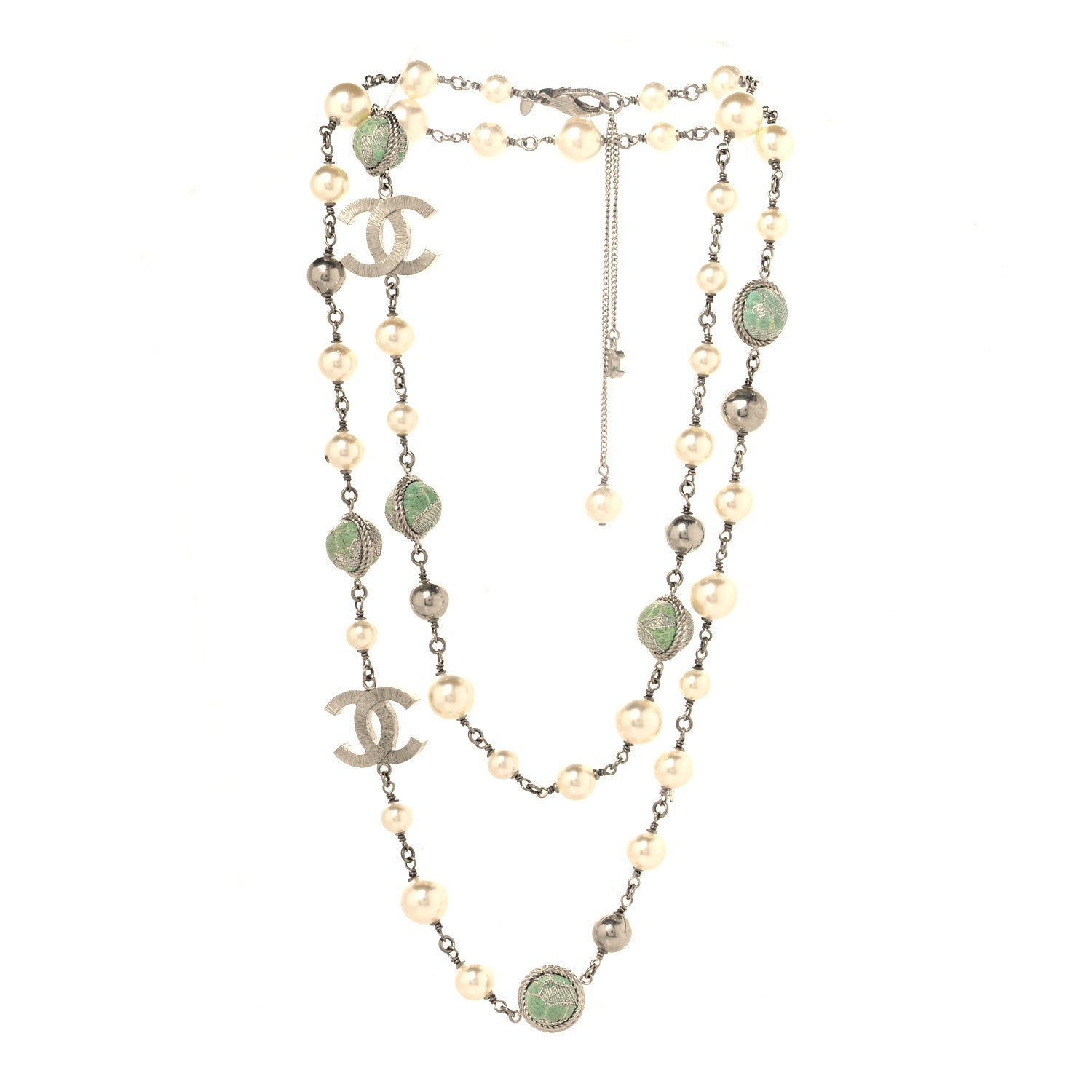 Chanel Pearl Beaded CC Long Necklace Silver Green 3 of 4