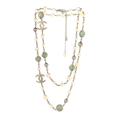 Chanel Pearl Beaded CC Long Necklace Silver Green 3 of 4