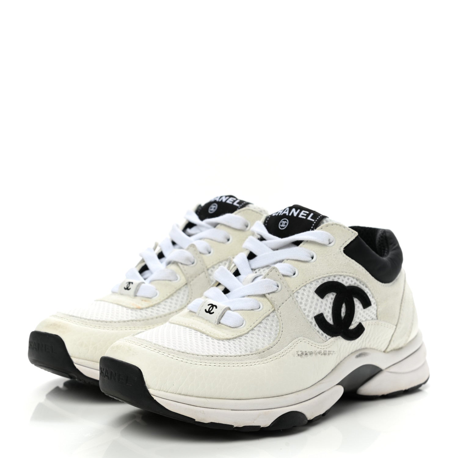Chanel Mesh Suede Calfskin Grained Calfskin Womens CC Sneakers 36 White Black 3 of 12