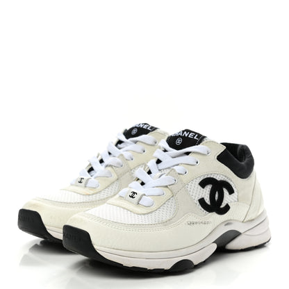 Chanel Mesh Suede Calfskin Grained Calfskin Womens CC Sneakers 36 White Black 3 of 12