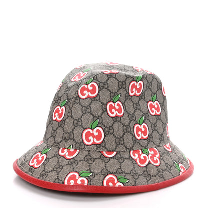 Gucci GG Supreme Monogram Apple Textured Dollar Calfskin Retro Interlocking G Fedora Pomme Bucket Hat L Beige Ebony Red 2 of 8