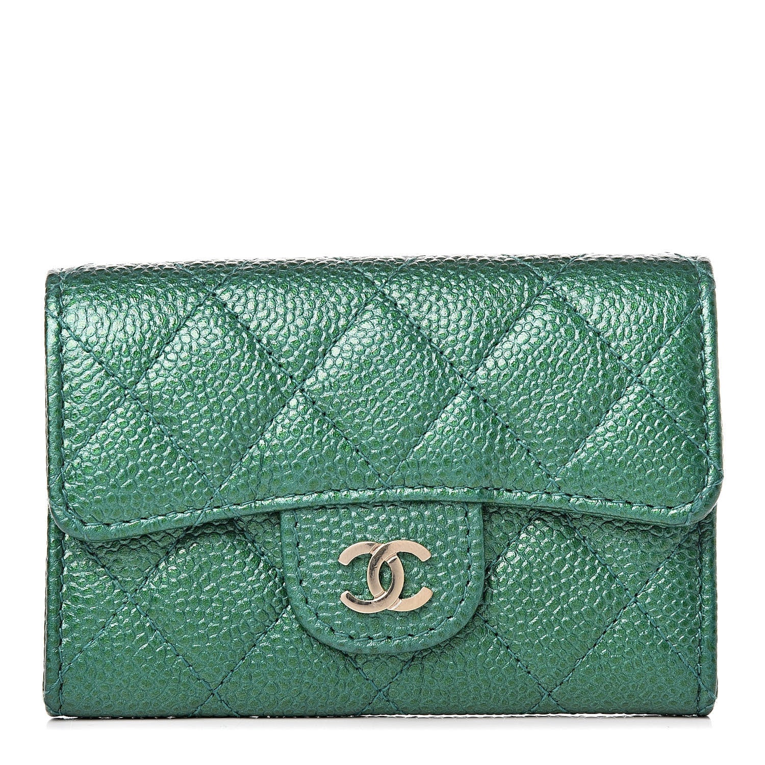 Chanel Metallic Caviar Quilted Card Holder Green 1 of 9