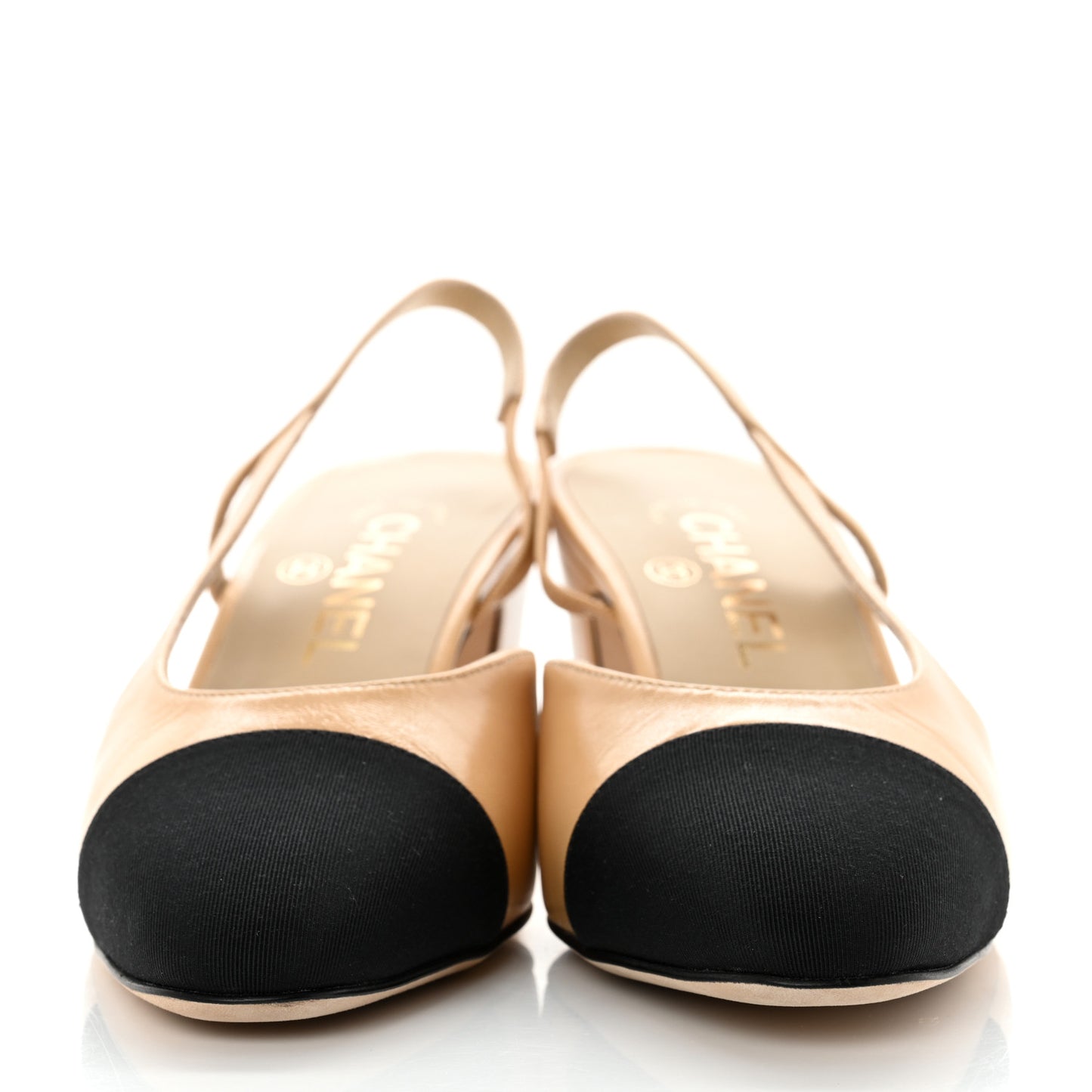 Goatskin Grosgrain Cap Toe CC Slingback Pumps 37.5 Beige Black