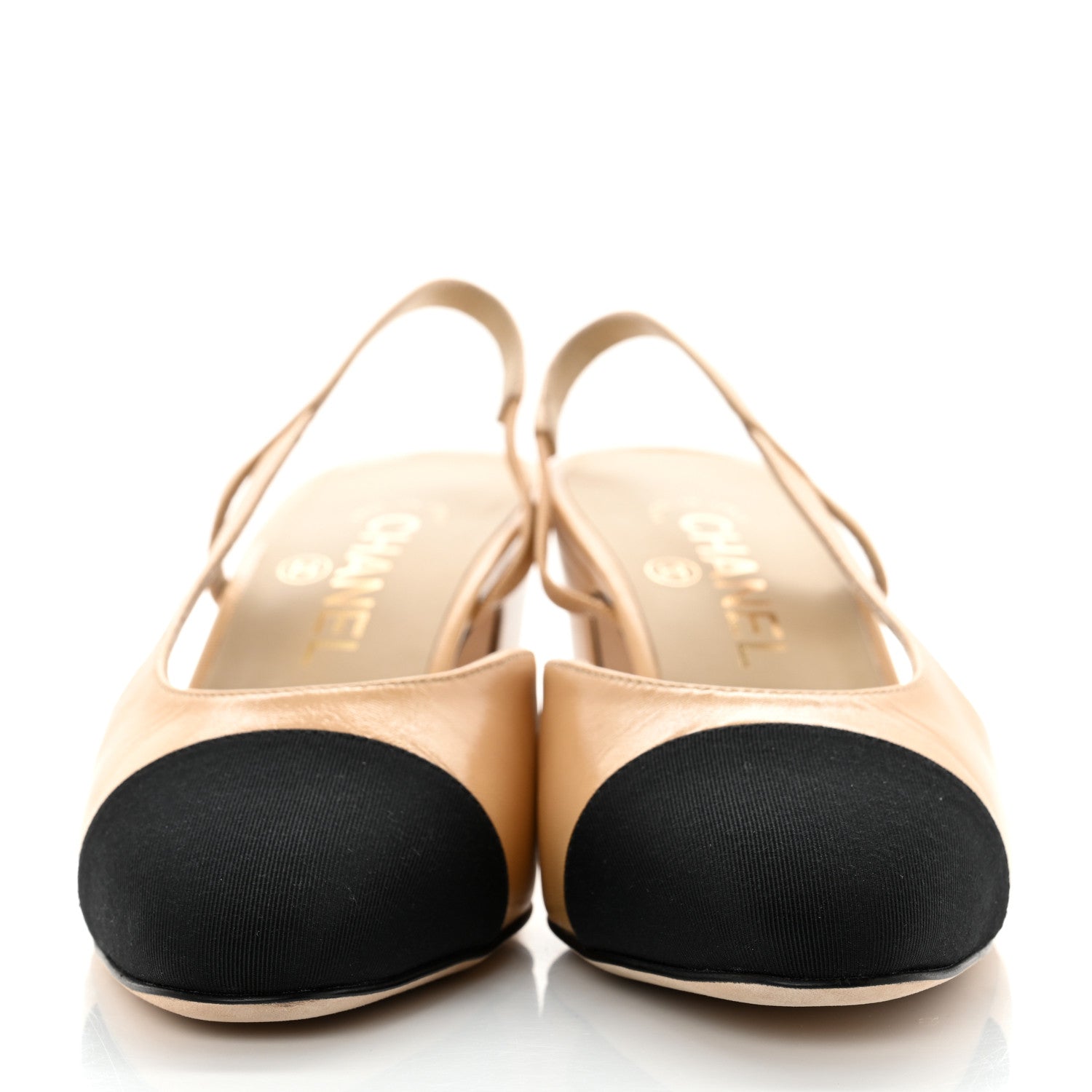 Chanel Goatskin Grosgrain Cap Toe CC Slingback Pumps 37.5 Beige Black 2 of 9