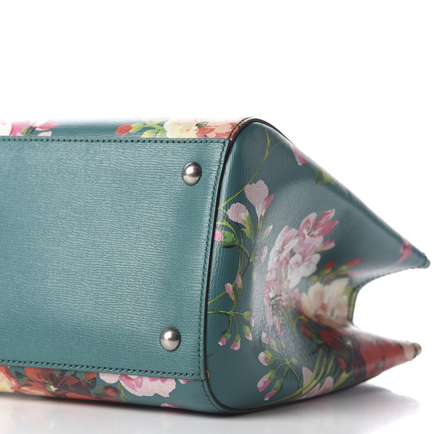 Gucci Shangai Calfskin Blooms Print Medium Bamboo Shopper Tote Bright Emerald Multicolor 7 of 10