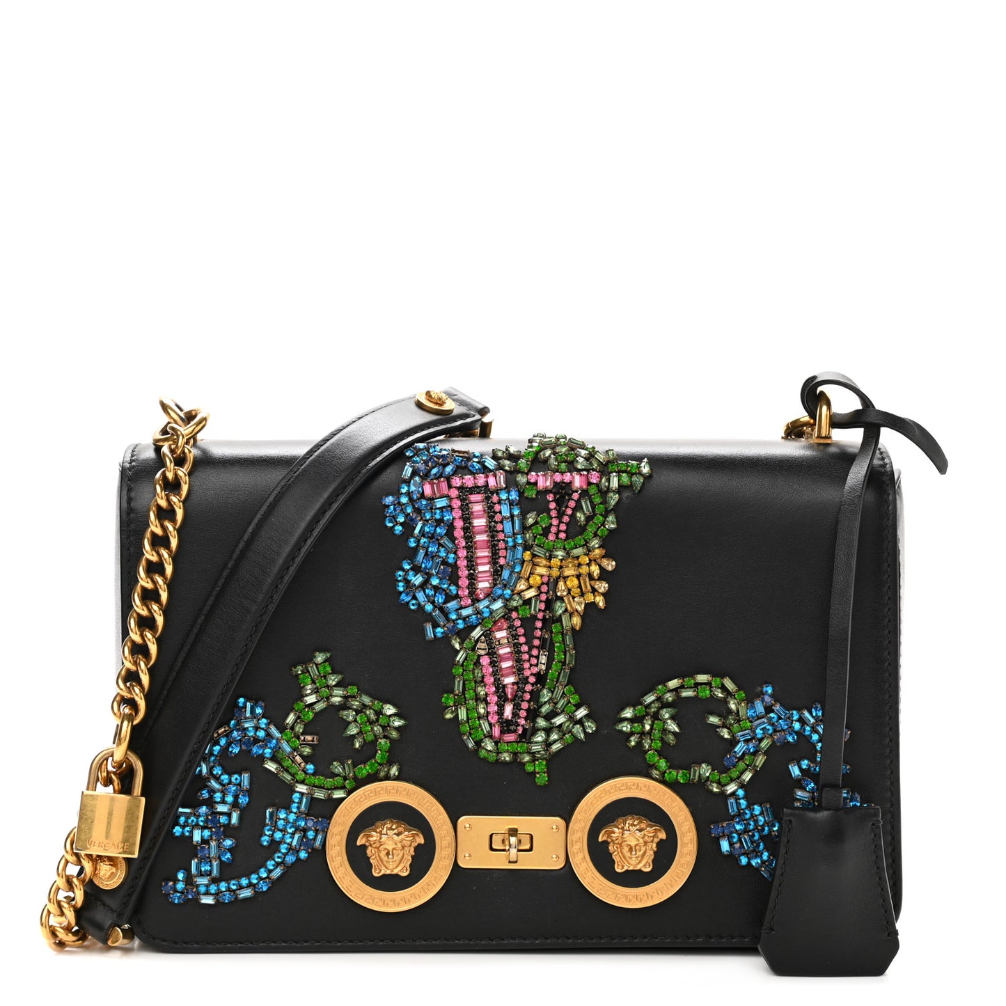 Nappa Crystal Embroidered Medium Icon Flap Black
