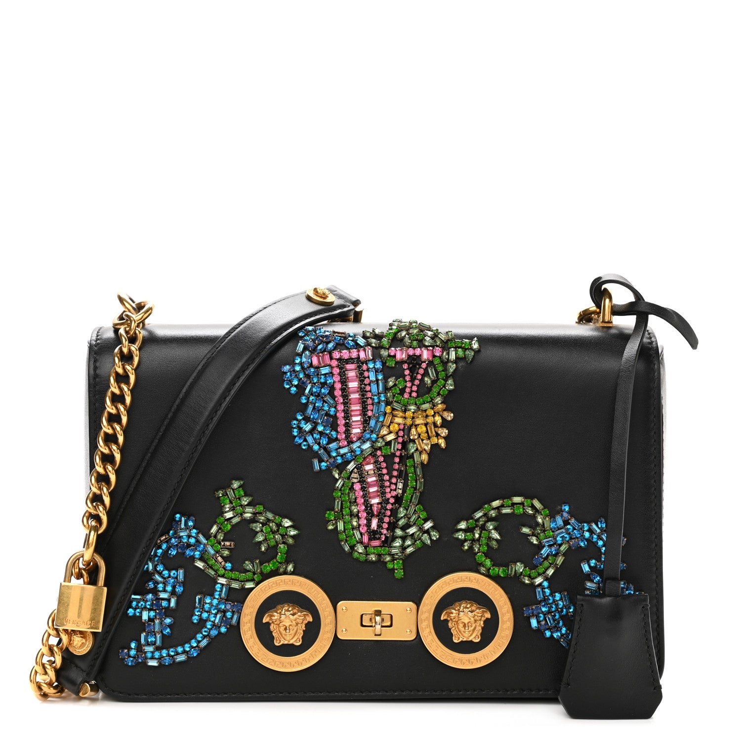 Versace Nappa Crystal Embroidered Medium Icon Flap Black 1 of 14
