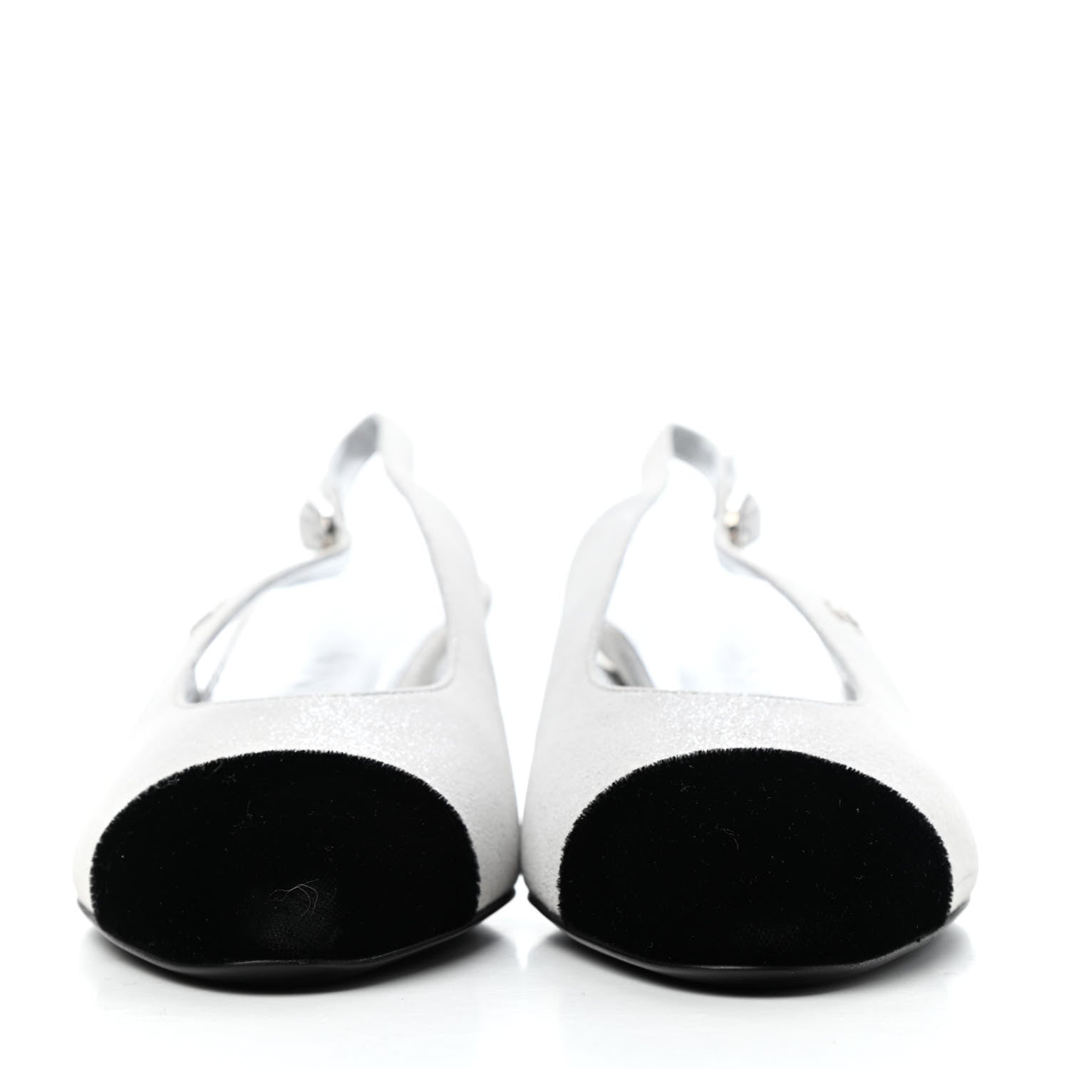 Chanel Laminated Goatskin Velvet Cap Toe CC Slingback Sandals 35 Silver Black 2 of 5