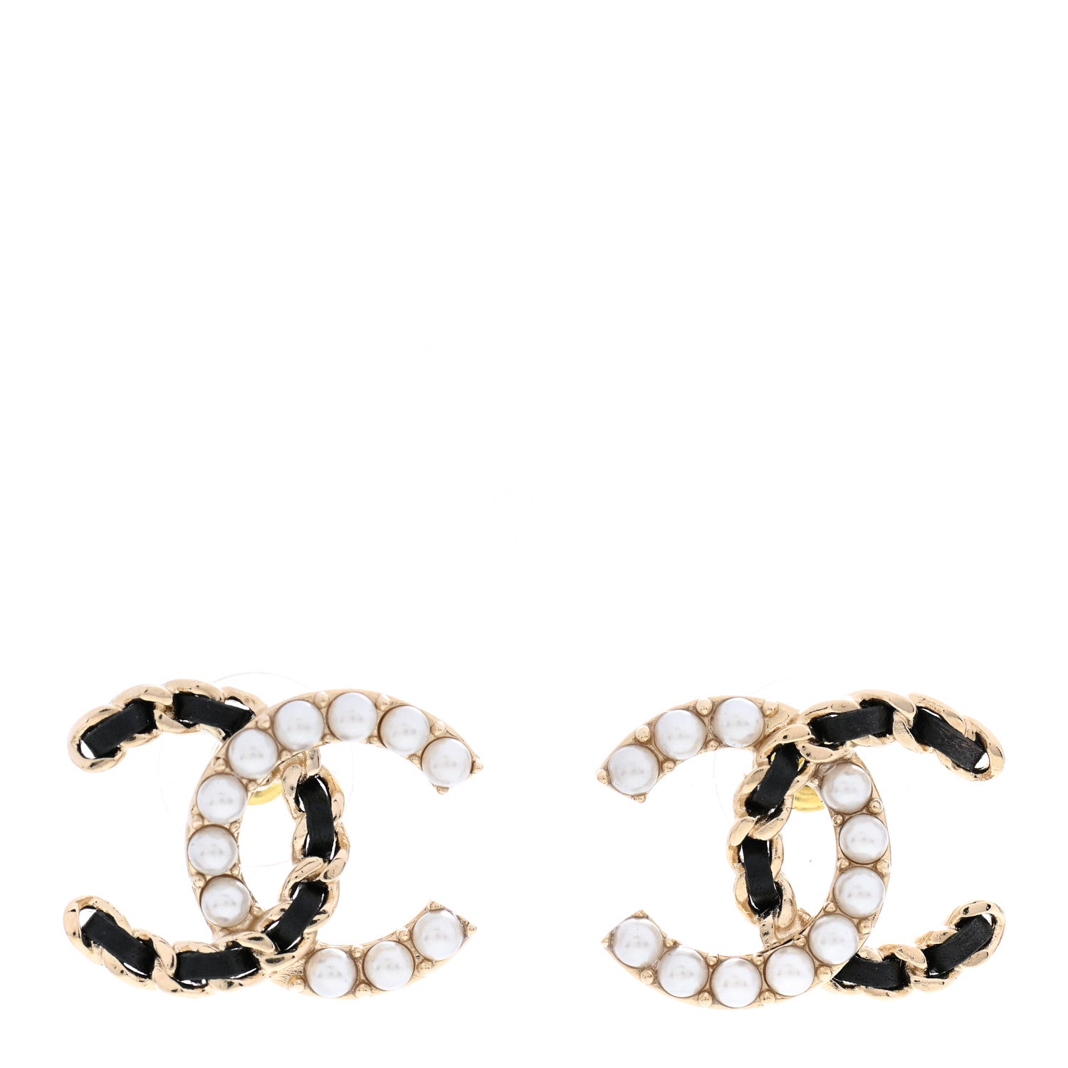 Chanel Pearl Lambskin Chain CC Earrings Gold Black 1 of 5