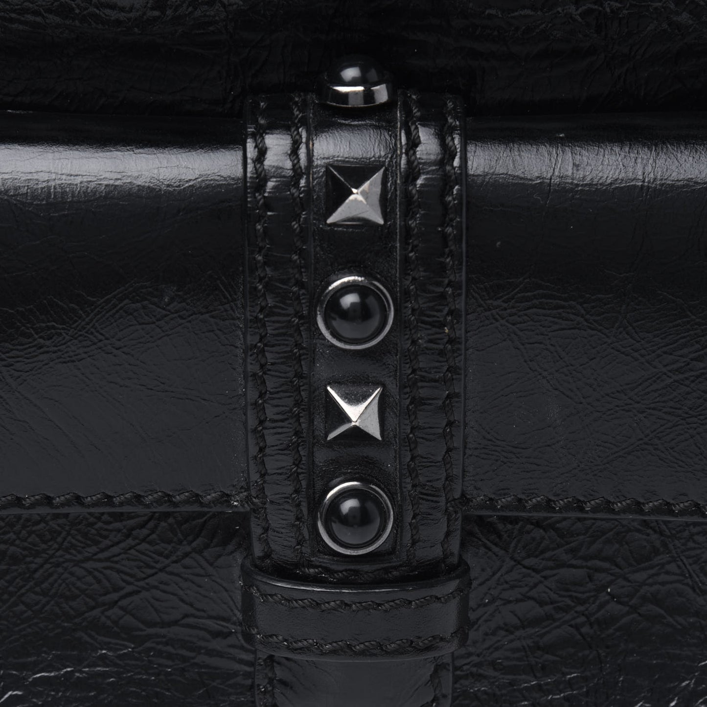 Craquele Calfskin Small Guitar Strap Rockstud Rolling Flap Pocket Shoulder Bag Black