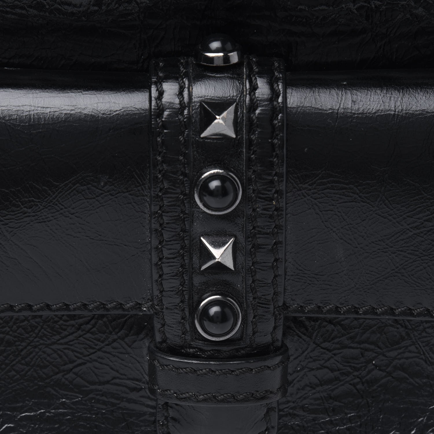 Valentino Garavani Craquele Calfskin Small Guitar Strap Rockstud Rolling Flap Pocket Shoulder Bag Black 12 of 14